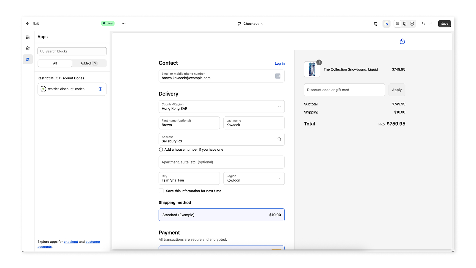 Add the Restrict Multi Discount Codes app block in the Shopify checkout editor