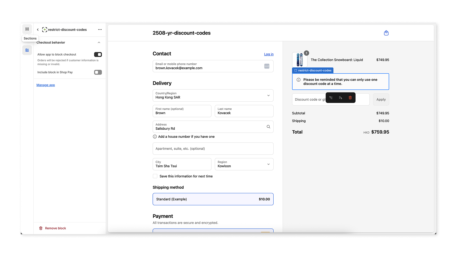 Configure maximum discount codes and gift cards in checkout editor settings